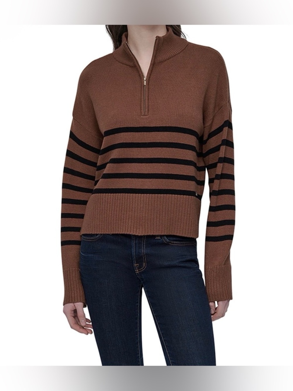 DKNY Quarter Zip Brown Burnt Sugar and Black Striped Turtleneck Sweater XL - NWT